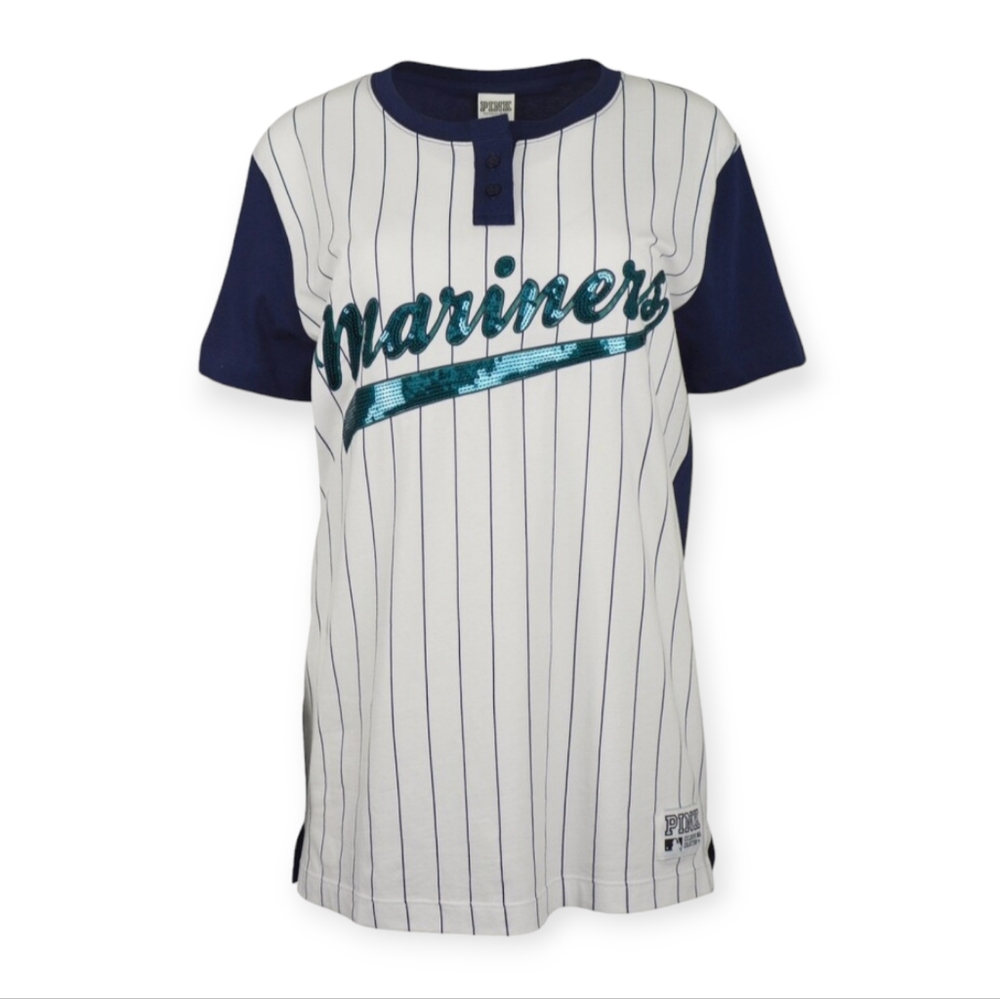 Women's Seattle Mariners PINK by Victoria's Secret White/Navy Bling Jersey